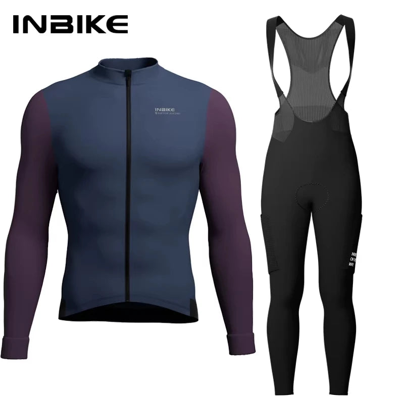 INBIKE Winter Cycling Clothing for Men Fleece Cycling Sets Long Sleeve Jersey with Pockets Long Bicycle Bib Pants for Road Bikes