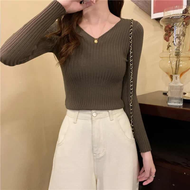 2026 Korean Autumn Winter V Neck Sweater Fashion Casual Long Sleeve Knitted Sweaters Solid Color Slim Pullovers Women Clothes