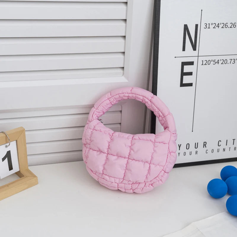 Candy bag Fashion Mini Puffer Tote Bag Quilted Circle Phone Purse  Elegant  Soft Nylon Padded Key Pouch Simple Trend Handbag