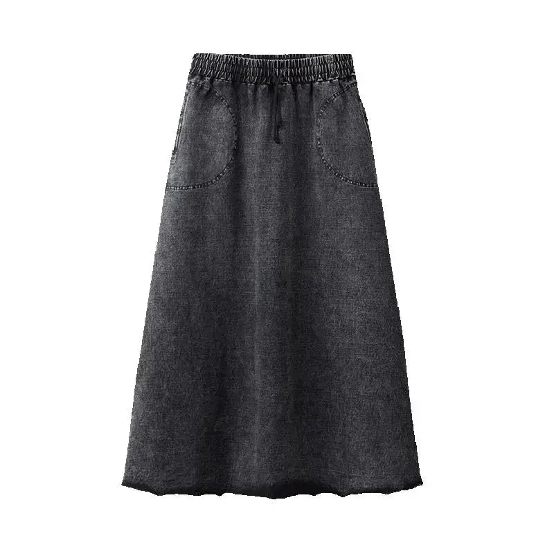 Fall season denim black women lady clothes maxi waisted skirt and long sleeves top set raw edges girl skirt with pockets
