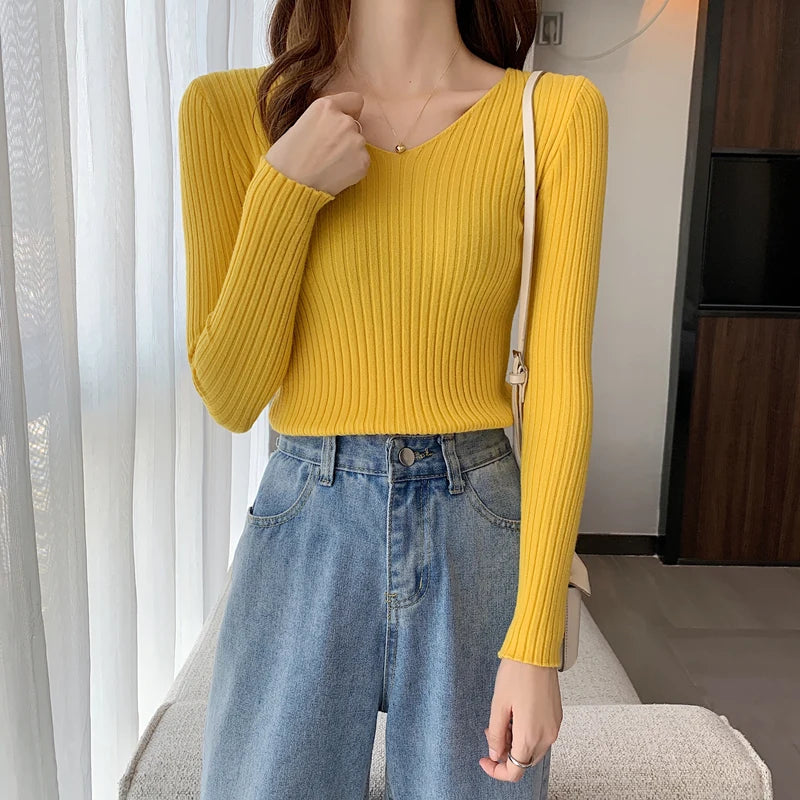 2026 Korean Autumn Winter V Neck Sweater Fashion Casual Long Sleeve Knitted Sweaters Solid Color Slim Pullovers Women Clothes