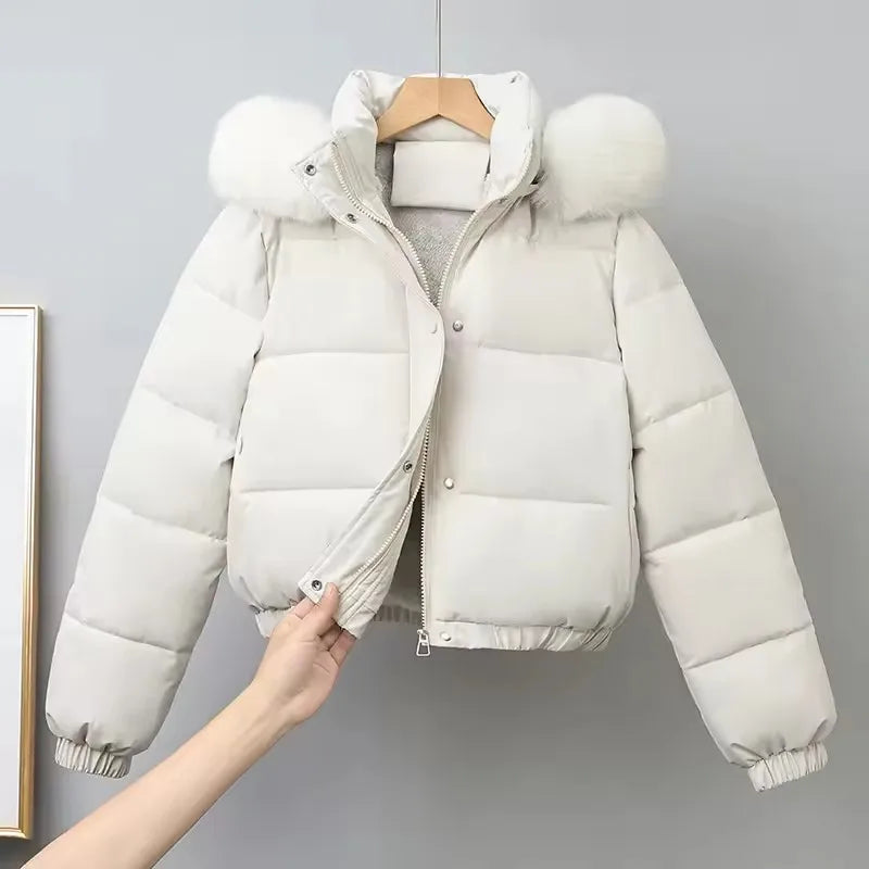 Winter Short Parkas Women's Cotton-padded Clothes Fleece Lining Thicken Warm Outerwear Fur Collar Removable Hooded Quilted Coat