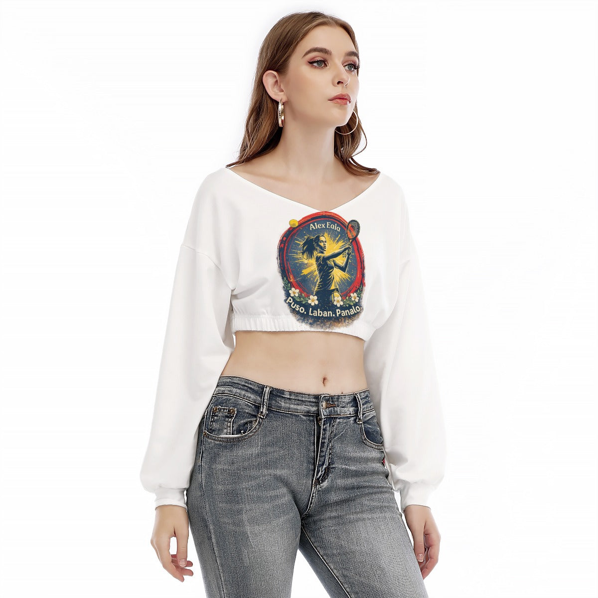 All-Over Print Women's V-neck Long Sleeve Cropped Sweatshirt