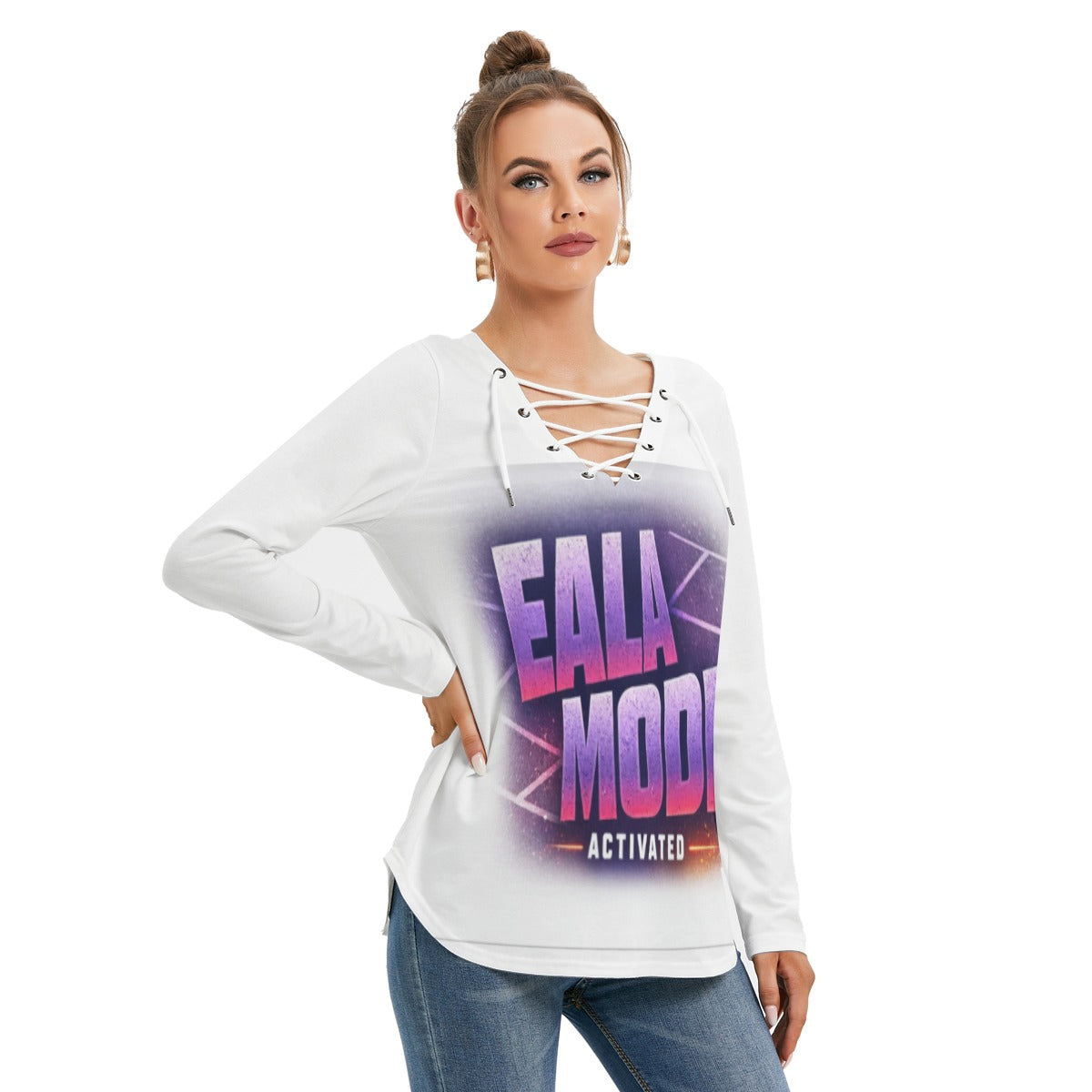 All-Over Print Women's Long Sleeve Neckline Tie Sweatshirt