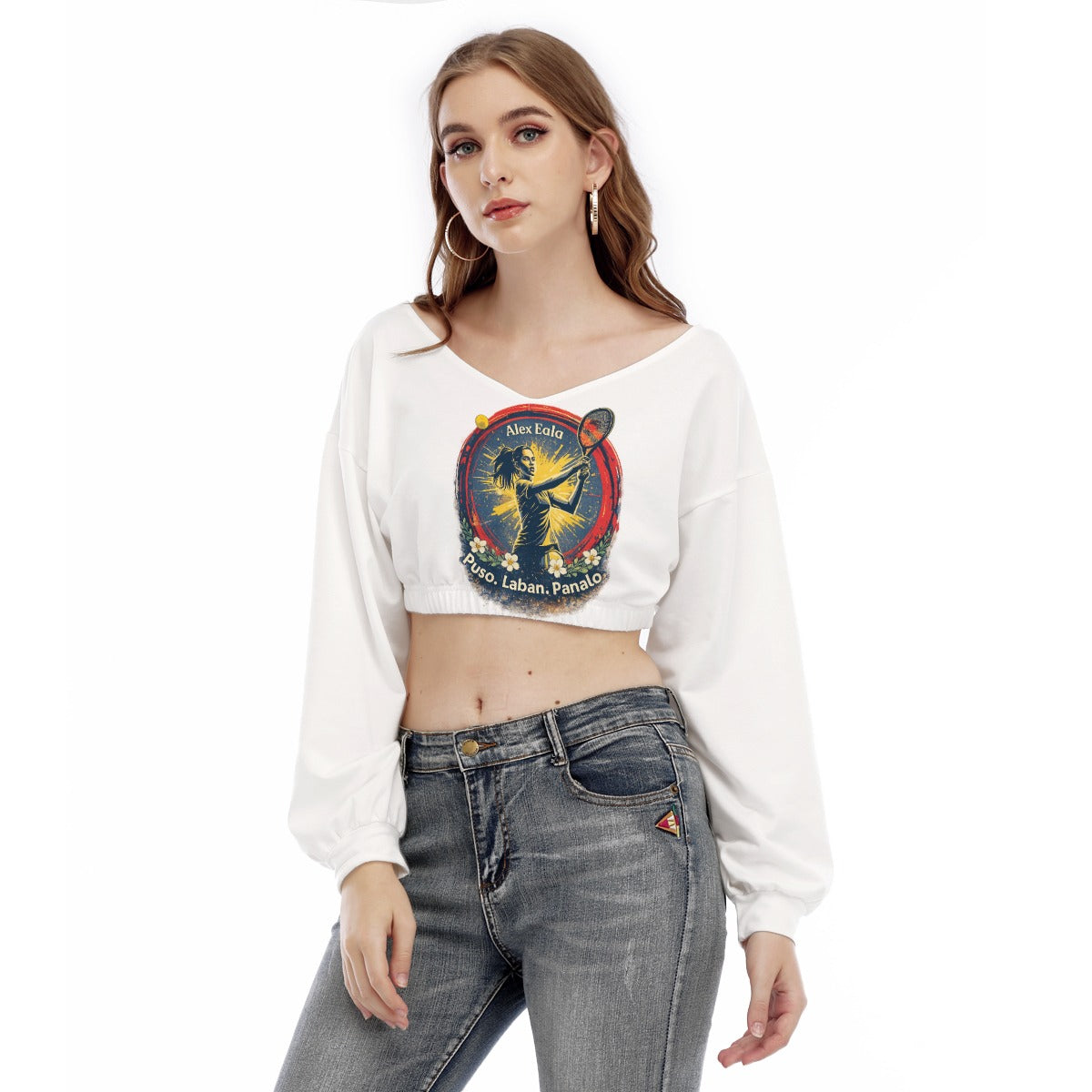 All-Over Print Women's V-neck Long Sleeve Cropped Sweatshirt