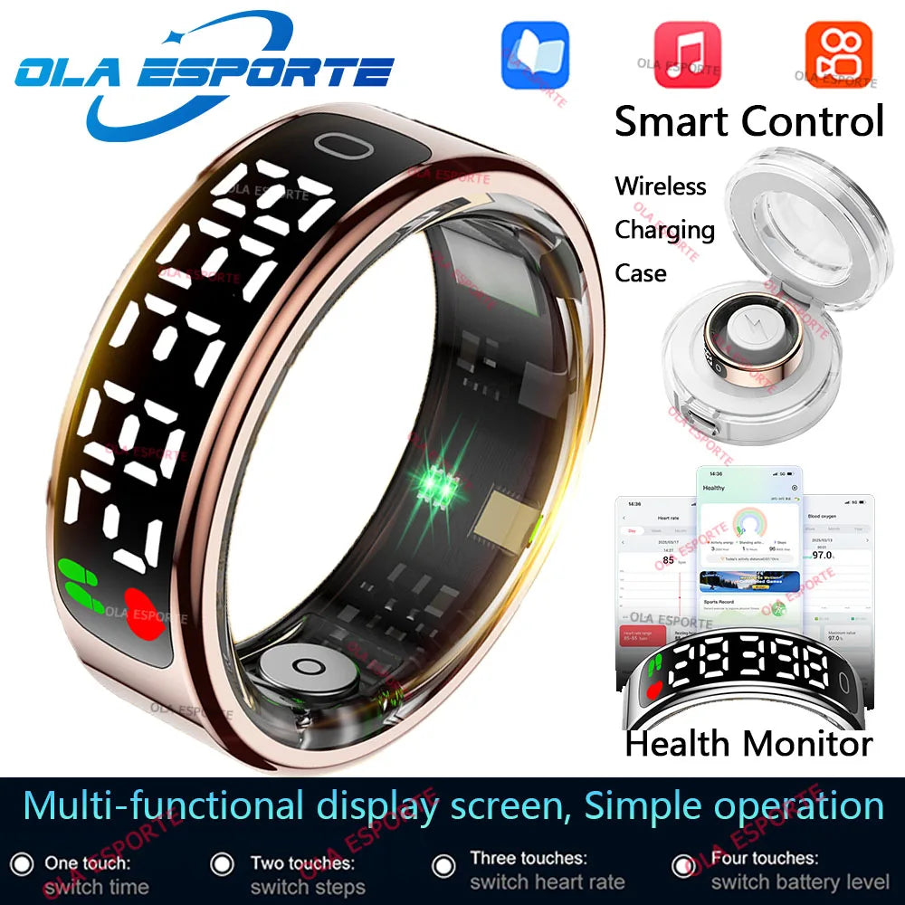 R13 Smart Ring with Display Screen and Touch,Wireless Charging Case,Health Manager,5ATM Waterproof Men Women Ring For Android OS