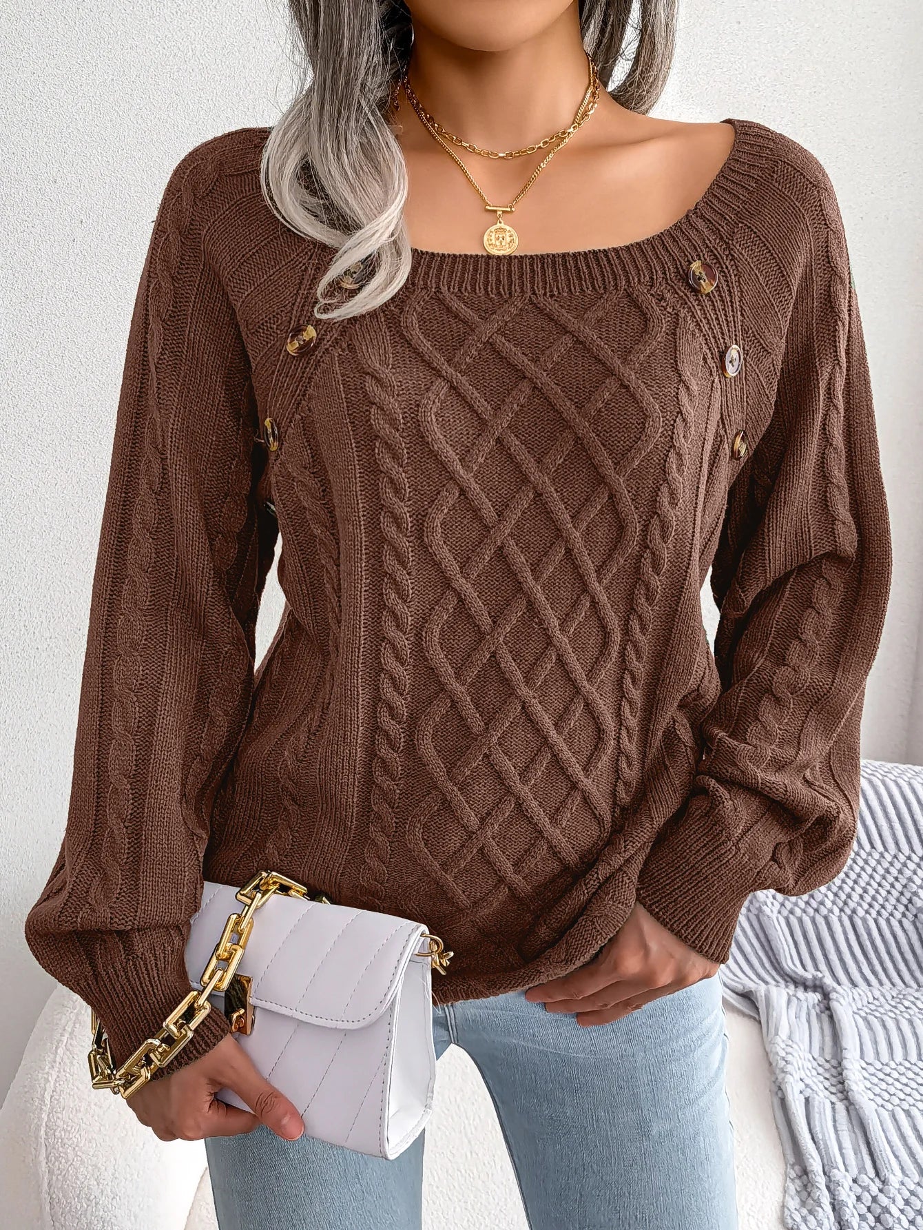 Woman Casual Plain Square Collar Buttons Long Sleeve Knitted Pullover Sweaters for Autumn Winter 2026 Fashion Women Clothes