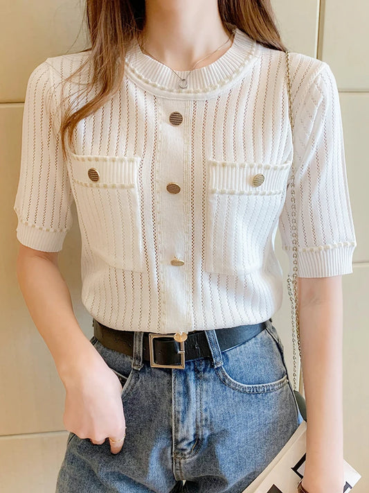White Tshirt Women Summer 2024 Short Sleeve Top Ladies Pockets Basic T Shirts Knitted Casual Clothes Tee Shirt Femme
