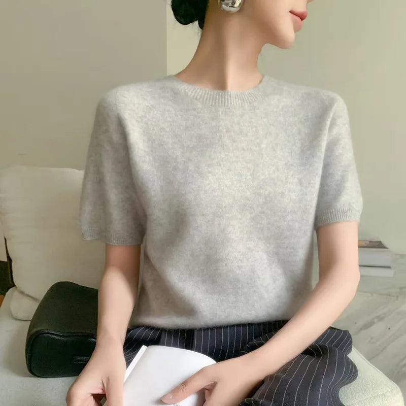 Women 100% Cashmere Sweater T-shirt 2023 New Short Sleeve Pullover Spring O-Neck Basic Jumper For Female Soft Shirt Girl Clothes
