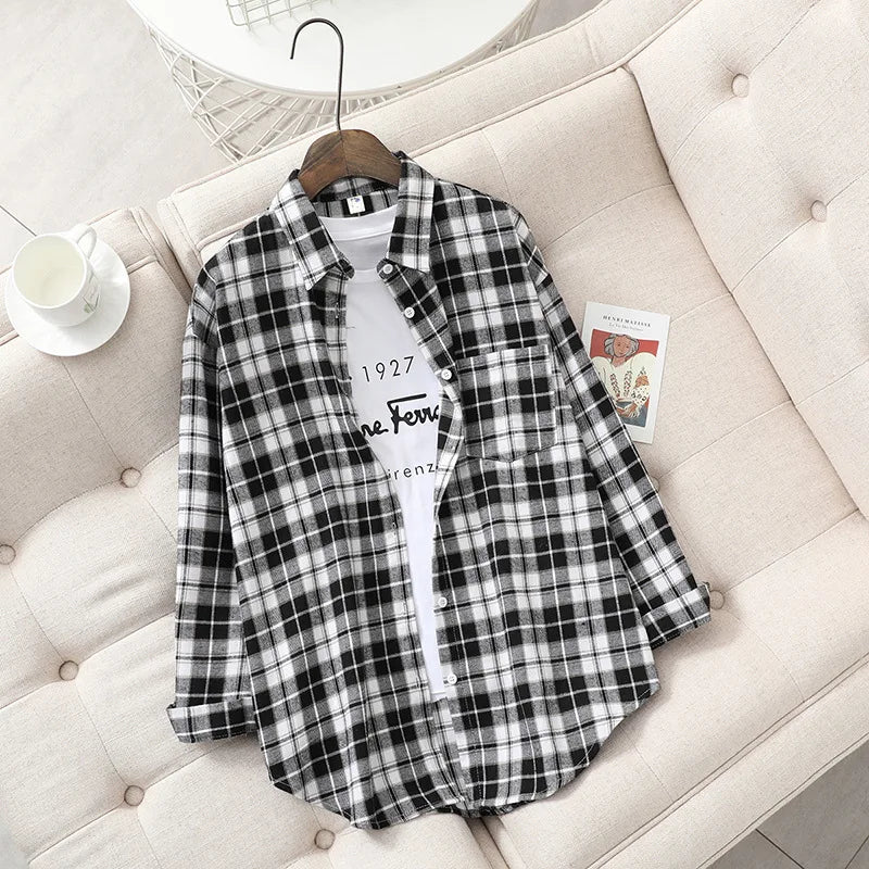 Fresh Flannel Plaid Shirt Women 2025 New Female Blouses and Tops Cotton Loose Long Sleeve Casual Shirts Fine Women's Clothes