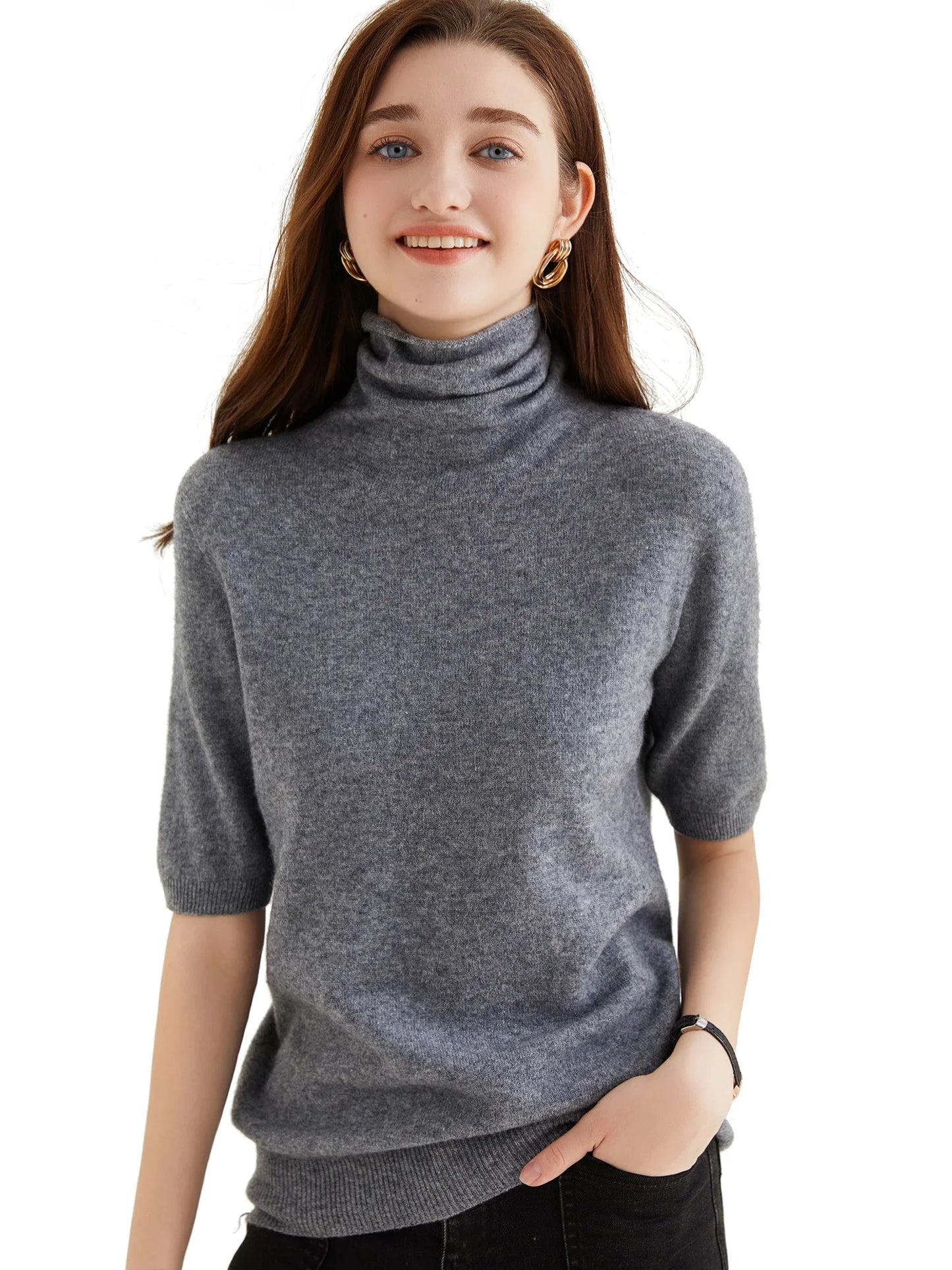 Women's Knit Tops Short Sleeve Fashion Women Sweaters New 100% Merino Wool Knitwears Vintage Sweater Turtleneck Pullover Clothes