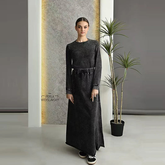 Fall season denim black women lady clothes maxi waisted skirt and long sleeves top set raw edges girl skirt with pockets