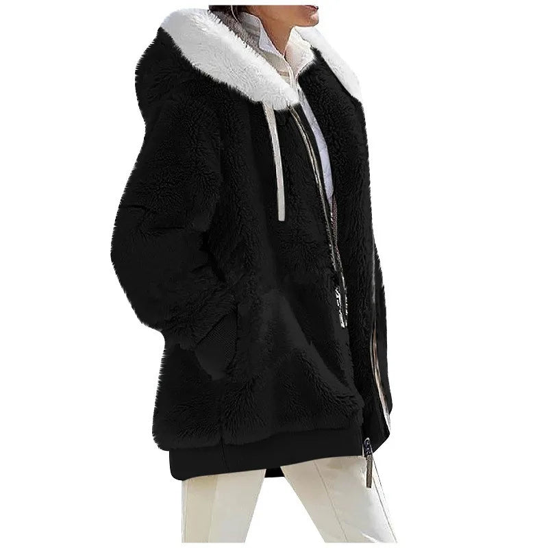 New Style Winter Fashion Women's Coat Casual Hooded Zipper Ladies Clothes Cashmere Women Fleece Jacket Solid Color Ladies Coats