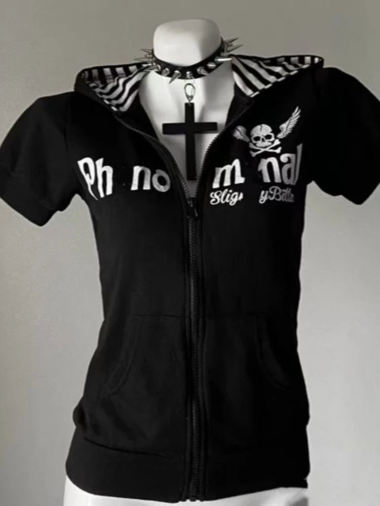 Y2K Subculture Skull Print Zip Cardigan Short Sleeve Women Japan Slim Fit Striped Hoodie Casual Tops Fashion Streetwear Clothes