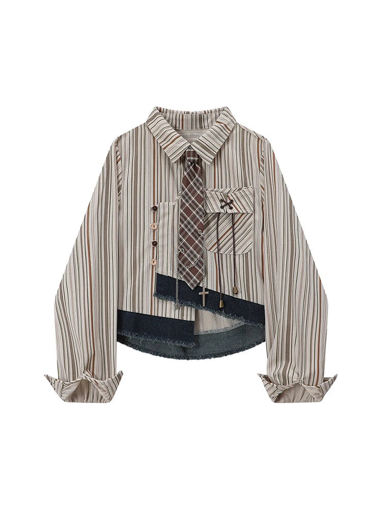 Women's Brown Striped Shirts and Blouses Y2k Vintage Korean Streetwear Harajuku 2000s Elegant Long Sleeve Emo Shirt Clothes 2024