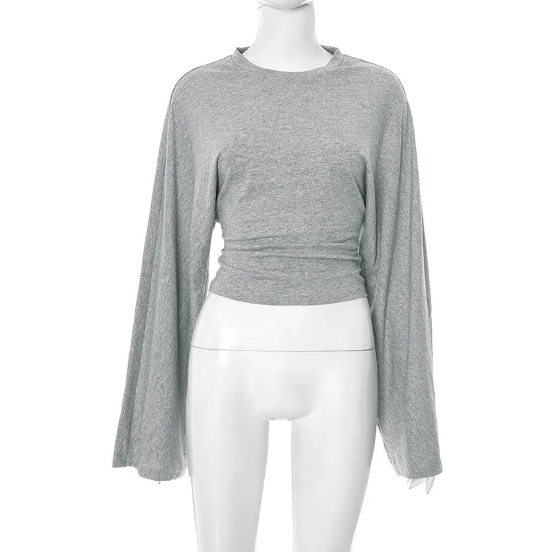 Long Sleeve Women Pullover O Neck Skinny Y2K Summer Clothes Casual T Shirt Top Streetwear 2025 Fashion Gray Tees Crop Top