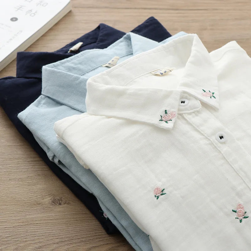 2024 Spring Autumn New Fresh Cotton Yarn Ladies Long Sleeve Shirt Flower Embroidered Women's Casual Shirt Female Blouse Clothes