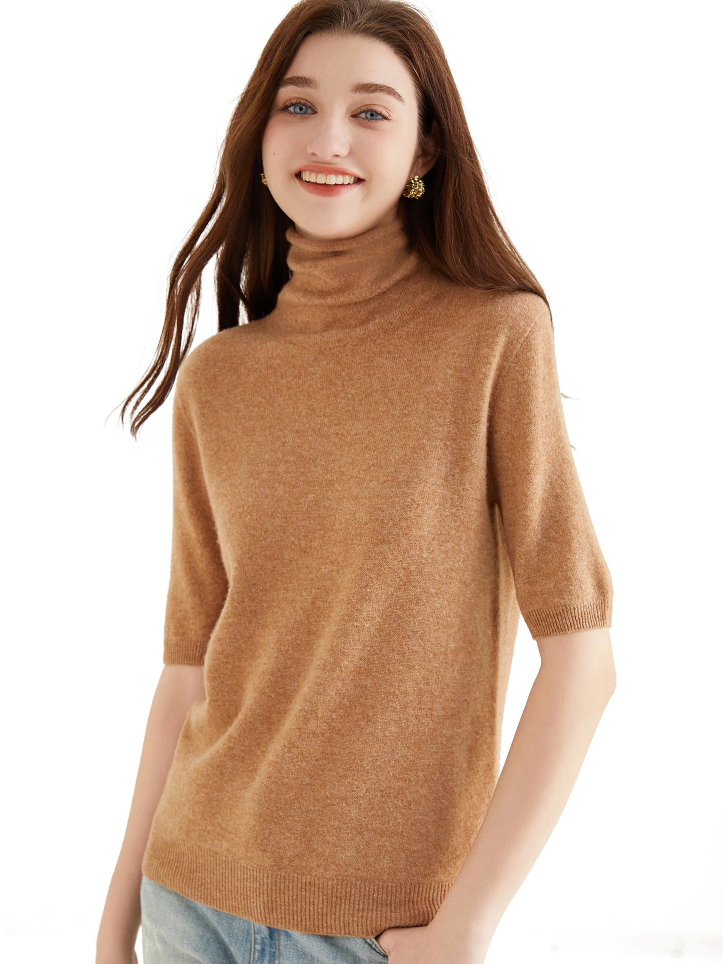Women's Knit Tops Short Sleeve Fashion Women Sweaters New 100% Merino Wool Knitwears Vintage Sweater Turtleneck Pullover Clothes