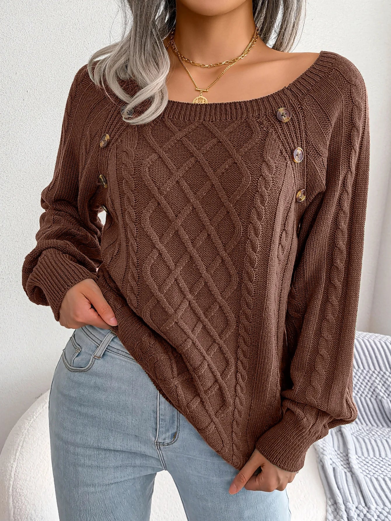 Woman Casual Plain Square Collar Buttons Long Sleeve Knitted Pullover Sweaters for Autumn Winter 2026 Fashion Women Clothes