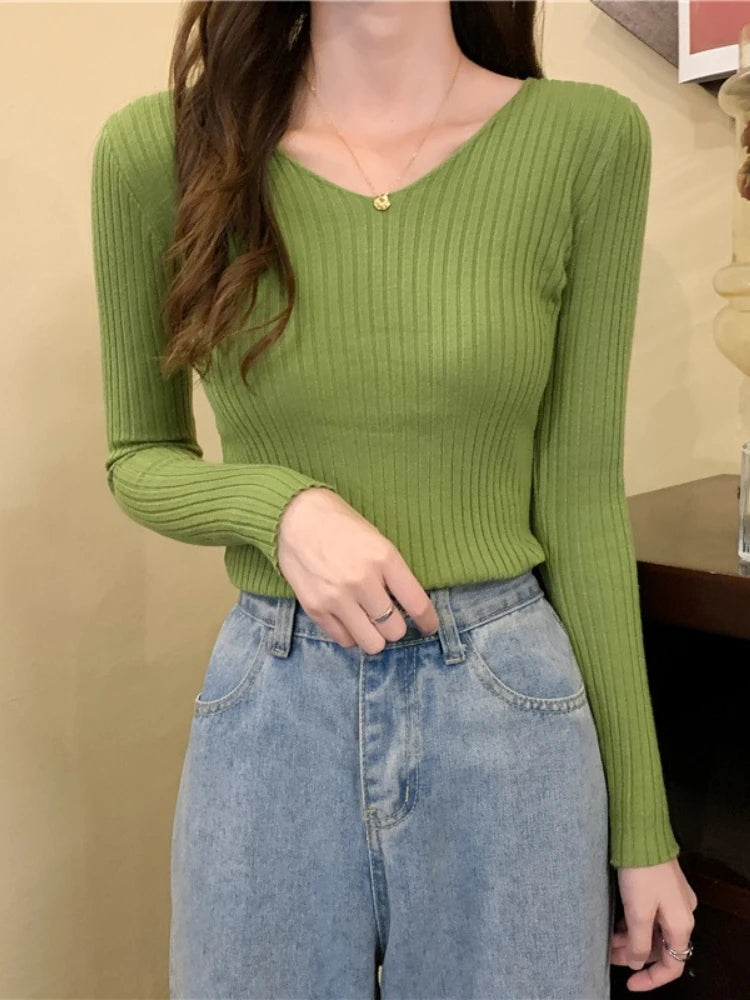 2026 Korean Autumn Winter V Neck Sweater Fashion Casual Long Sleeve Knitted Sweaters Solid Color Slim Pullovers Women Clothes