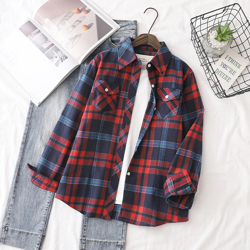 Cotton Flannel Plaid Shirts Women 2025 Autumn New Female Casual Slim Fit Long Sleeve  Blouses & Tops Ladies Checkered Clothes