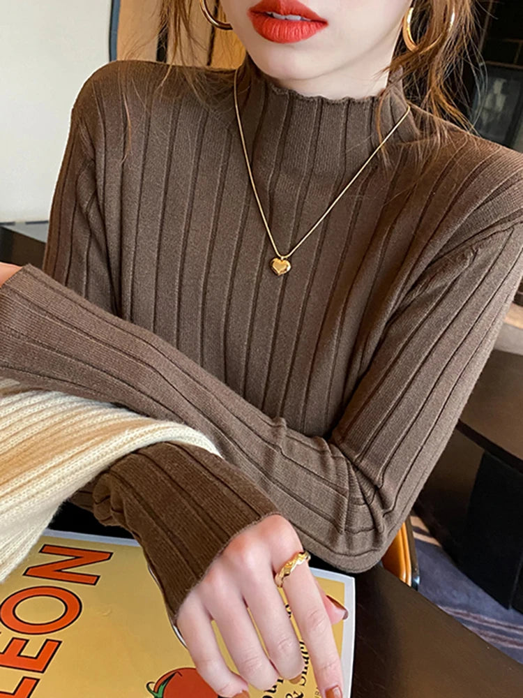 Autumn Winter Knitted Ribbed Turtleneck Sweater Women Clothes 2026 Long Sleeve Slim Basic Pullover Woman Sweaters Solid Tops