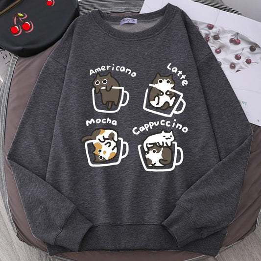 American Style Coffee Cat Cute Print Cartoons Hoodie Men Women Sweatshirt Loose Warm Clothes Personality Autumn Hoody Couple