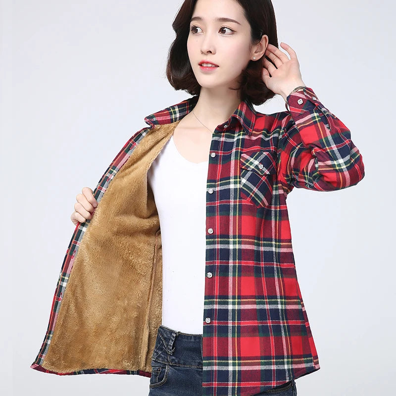 2025 Winter New Women's Warm Plaid Shirt Coat Casual Fleece Velvet Plus Thicke Jacket Tops College Style Woman Clothes Outerwear