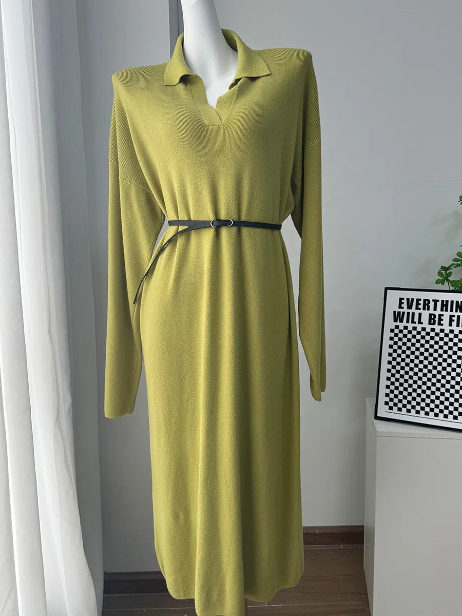 Hirsionsan Long Sleeve Autumn Winter Loose Polo Neck Sweater Dresses Women Soft Elegant Solid Knit Dress Female 2025 New Clothes