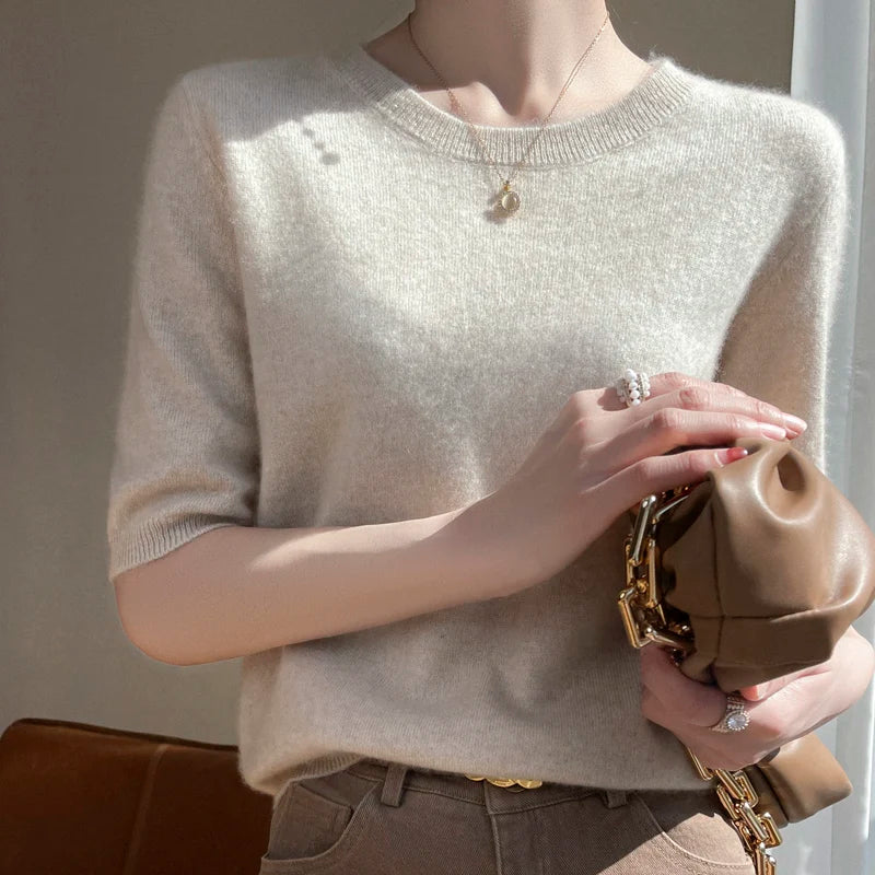 Women 100% Cashmere Sweater T-shirt 2023 New Short Sleeve Pullover Spring O-Neck Basic Jumper For Female Soft Shirt Girl Clothes