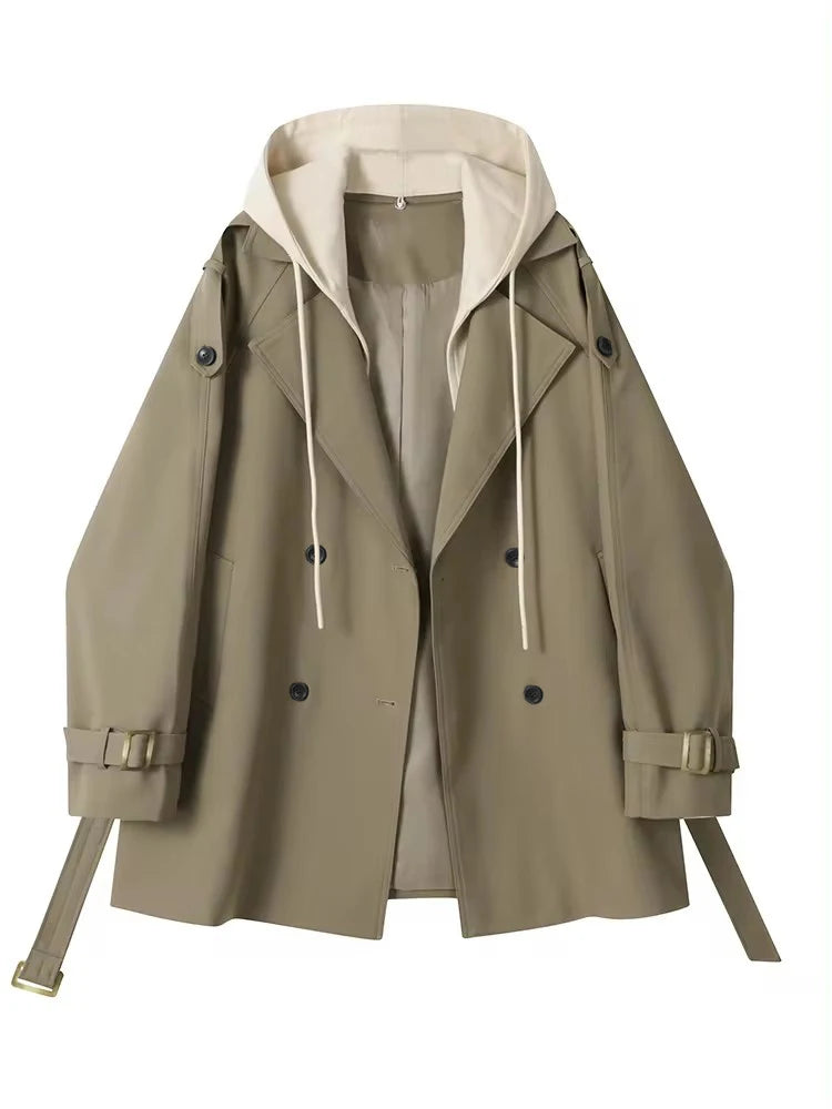 Lautaro Spring Autumn Flowy Casual Trench Coat for Women Belt Double Breasted Loose Luxury Designer Fake 2 Pieces Clothes 2024
