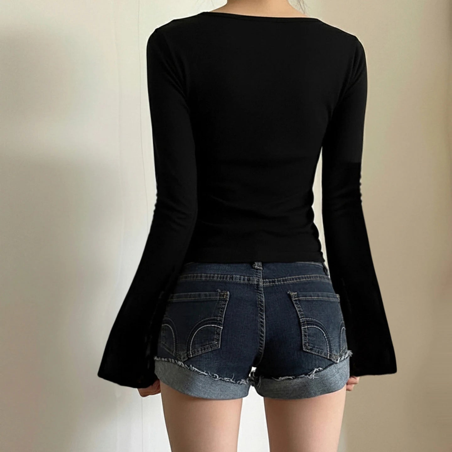 SUCHCUTE Women Solid Lace Trim Patchwork Button Flared Sleeves Shirt Casual V Neck Knit Top Y2k Aesthetic Fall Clothes Fairycore