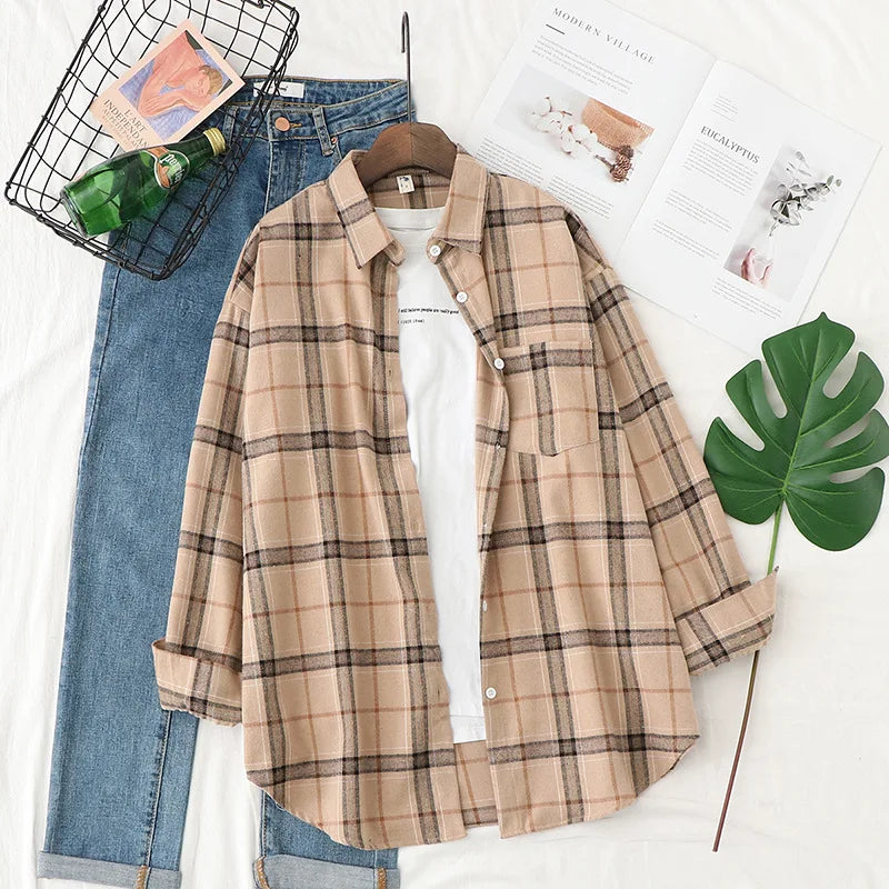 2025 New Fashion Loose Womens Plaid Shirt Fresh College Style Design Blouses And Tops Long Sleeve Casual Female Checked Clothes