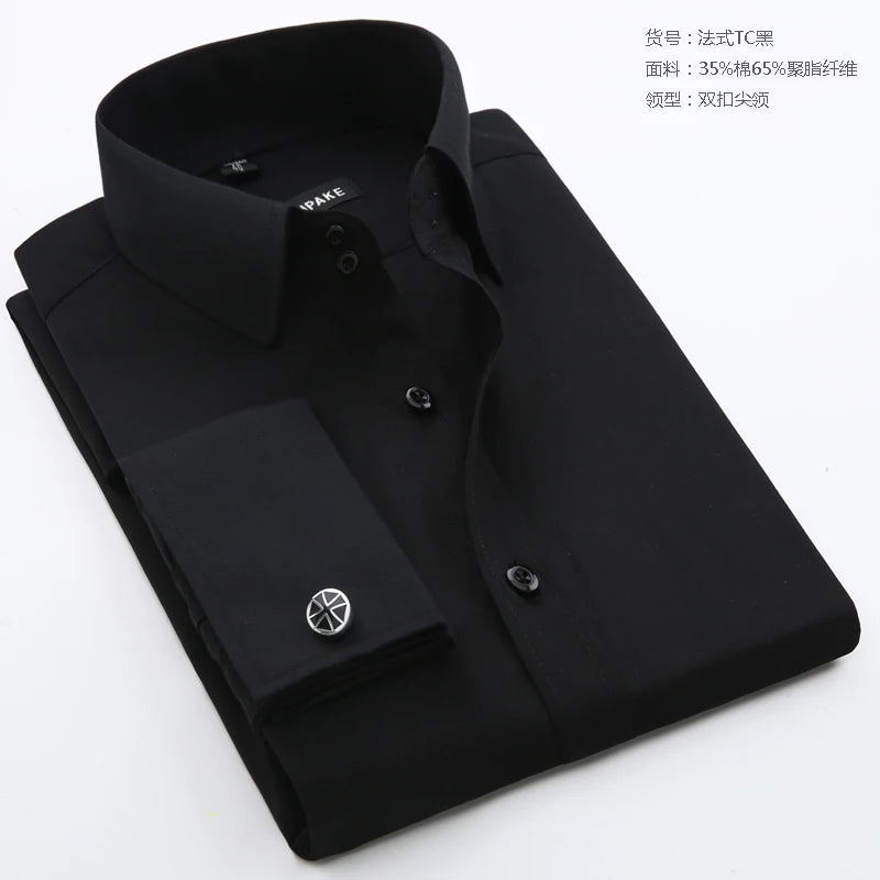 Men's French cufflinks shirt, men's slim fit long sleeved business sleeve nail free business formal men's solid color shirt