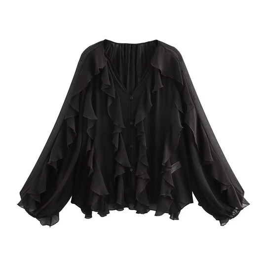 Women Casual Ruffled Shirt Women Loose Lace Up Hollow Out V Neck Tops Spring Blouses Women Clothes 4786063