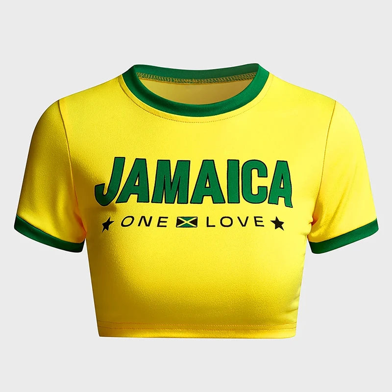 2024 Retro Street Aesthetic Baby T-shirt Women Green Brazil Letters Print Crop Tops Casual Slim Short Sleeve Y2k Clothes E-girls
