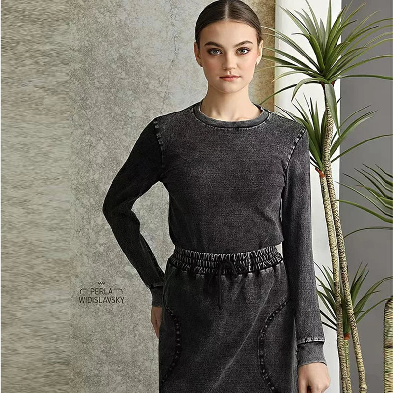 Fall season denim black women lady clothes maxi waisted skirt and long sleeves top set raw edges girl skirt with pockets