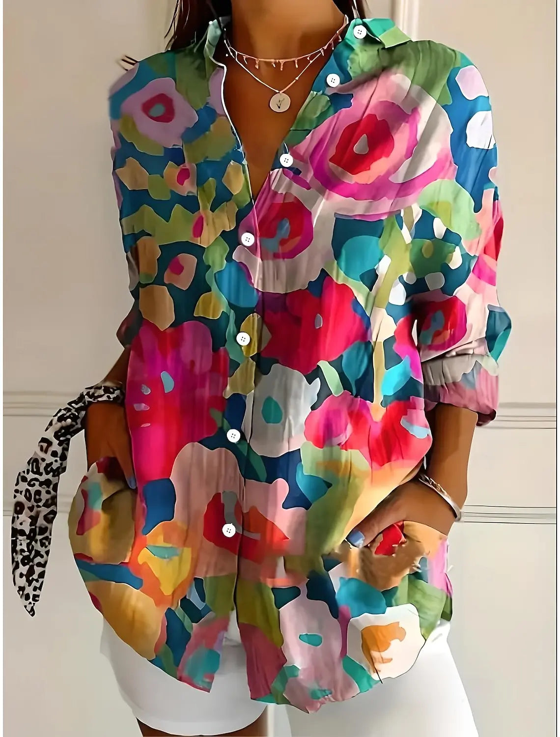 2025 Women's Shirts Ombre Floral Graphics Blouse  Lapel Neck Blouse Women's Long Sleeve Shirts Womens Clothes Female Clothing