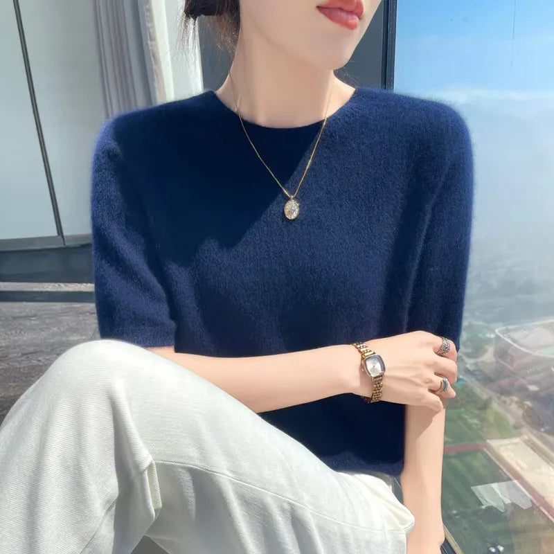 Women 100% Cashmere Sweater T-shirt 2023 New Short Sleeve Pullover Spring O-Neck Basic Jumper For Female Soft Shirt Girl Clothes