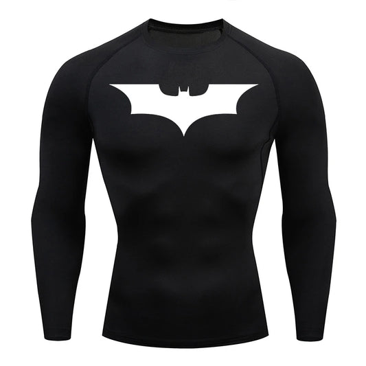 Bat Print Long Sleeve Compression Shirts for Men Gym Workout Running Tees Athletic Quick Dry Tshirts Tops Rash Guard Baselayers