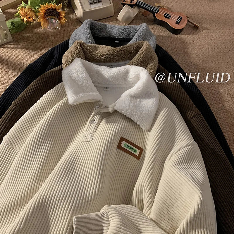 CGC Harajuku Corduroy Polo Neck Sweatshirt Warm Plush Lambswool Hoodies Women Casual Pullovers Outerwears Autumn Winter Clothes