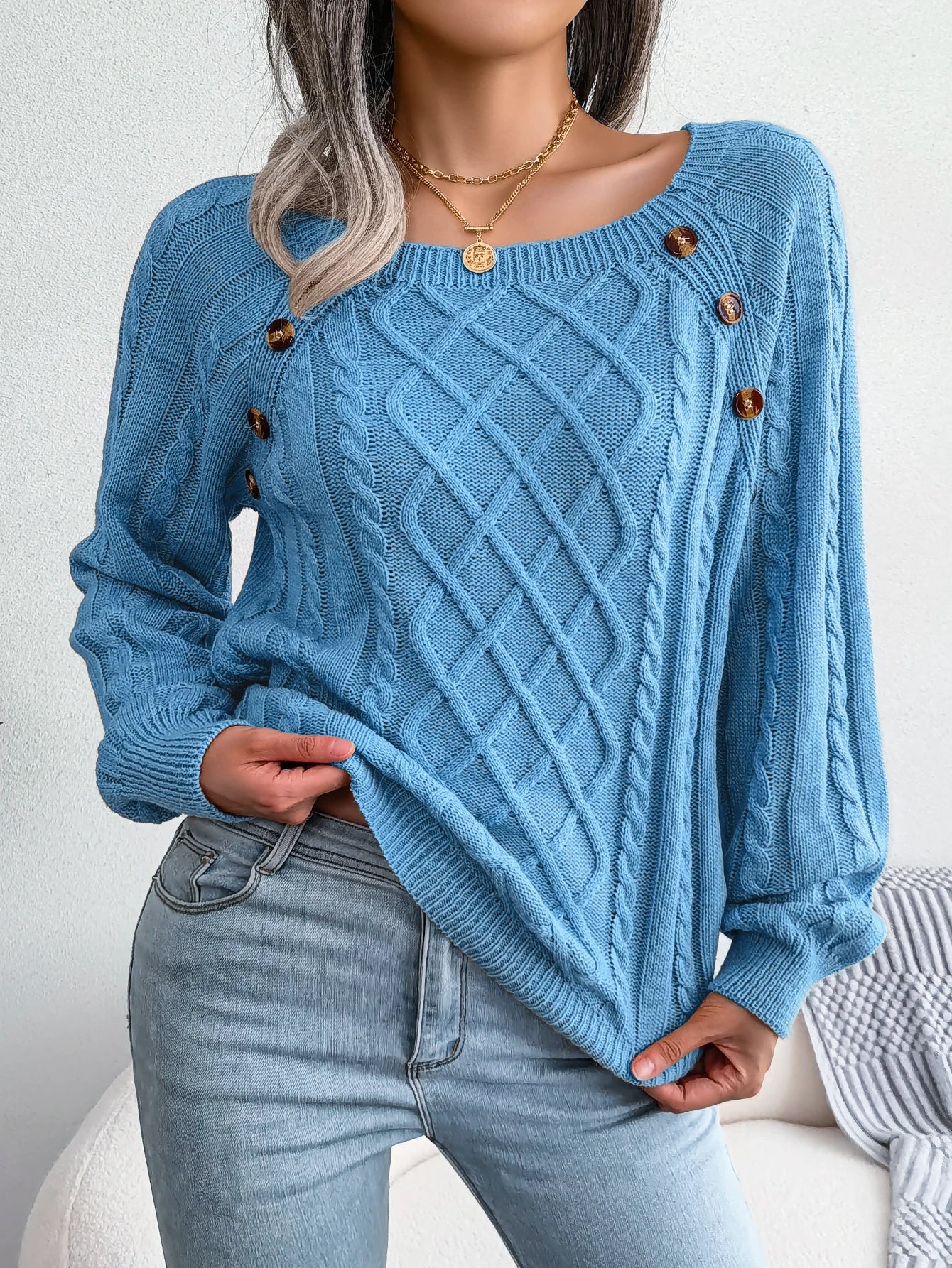 Woman Casual Plain Square Collar Buttons Long Sleeve Knitted Pullover Sweaters for Autumn Winter 2026 Fashion Women Clothes