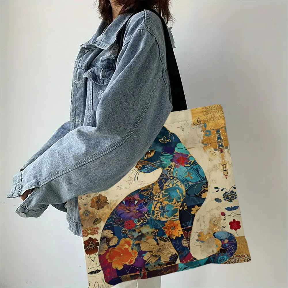 Cat Floral Design Handbag Retro Pattern Decorative Tote Bag Daily Casual Use Shoulder Bag, Large Capacity Practical Shopping Bag
