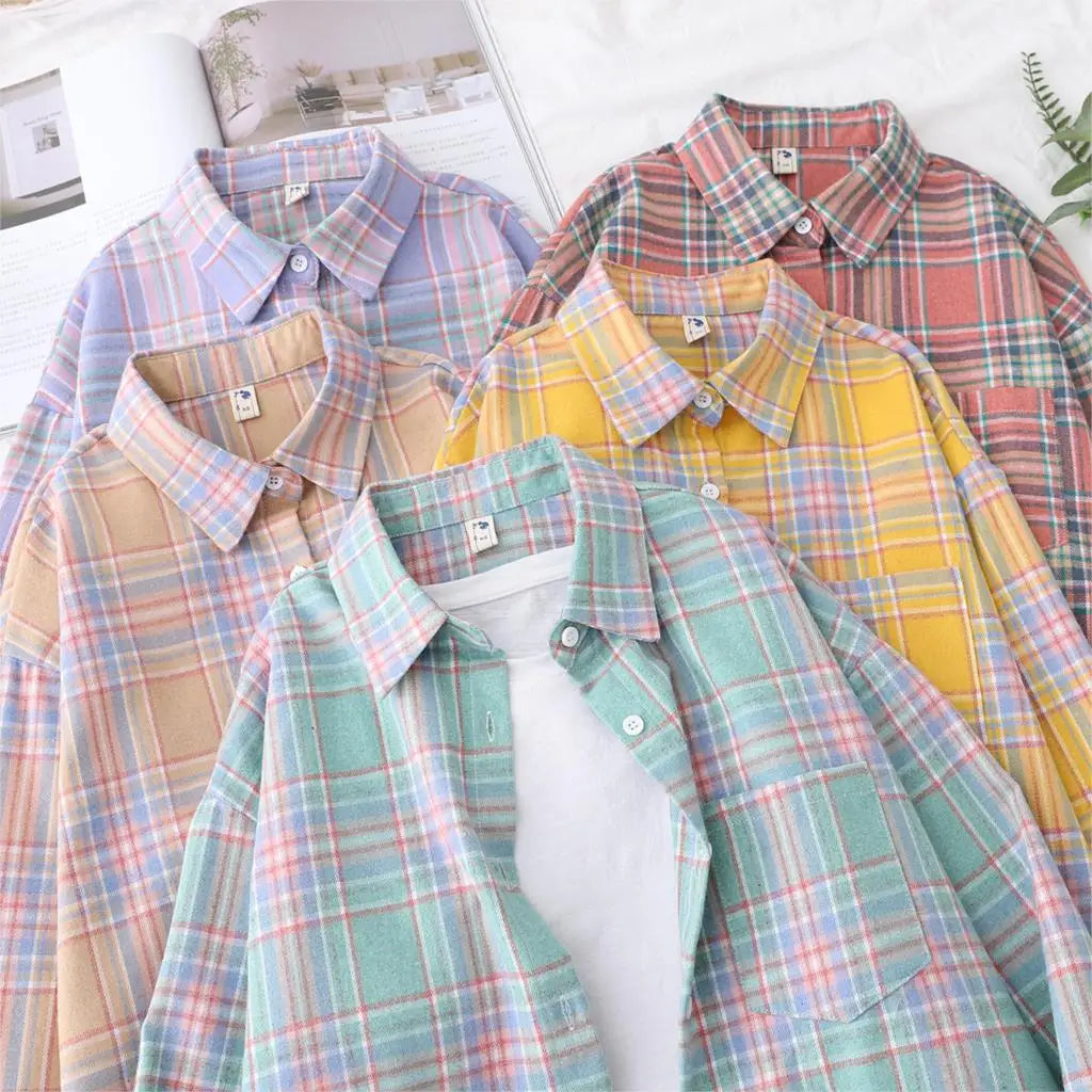 2025 Spring Loose Casual Womens Plaid Shirt Fresh College Style Long Sleeve Blouses And Tops Female Flannel Checked Clothes