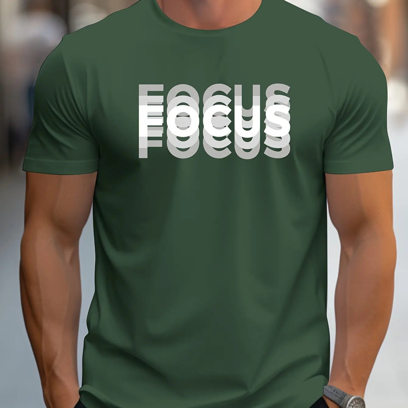 Men's 100% cotton casual sports loose oversized Focus print round neck short sleeved T-shirt top