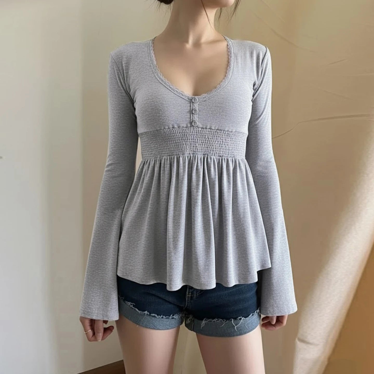 SUCHCUTE Women Solid Lace Trim Patchwork Button Flared Sleeves Shirt Casual V Neck Knit Top Y2k Aesthetic Fall Clothes Fairycore