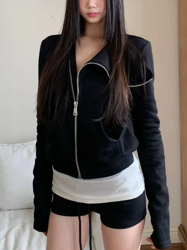 Korean Fashion Hooded Long Sleeve Jacket Women Autumn Winter Casual Loose Cardigan Top Harajuku Solid Y2k Zipper Clothes 2025