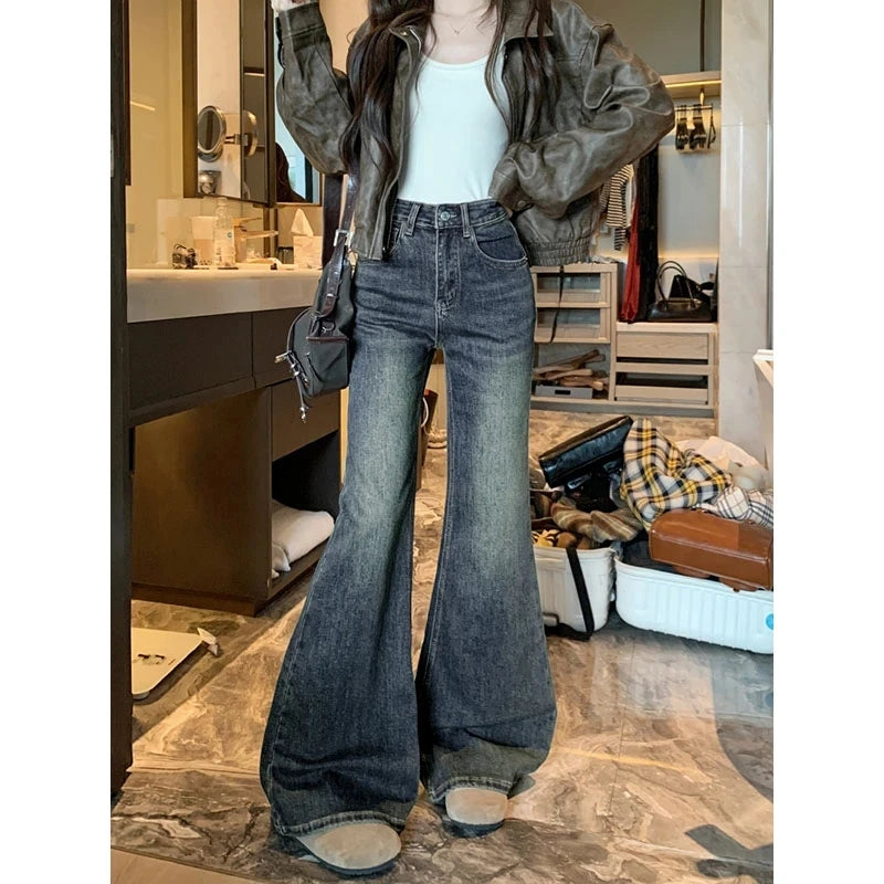 Jeans For Woman Y2k Clothes Retro Flared Trousers Winter High Waist Loose Fit Wide Leg Denim Pants Slimming Fashion Casual