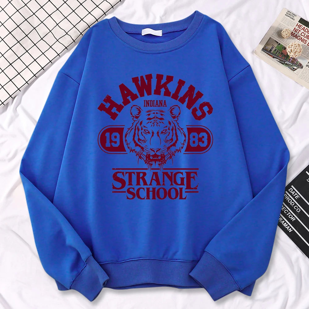 Casual Street Womens Sweatshirt Hawkins High School Indiana 1983 Printing Hoodies Loose Crewneck Pullovers Warm Fleece Clothes