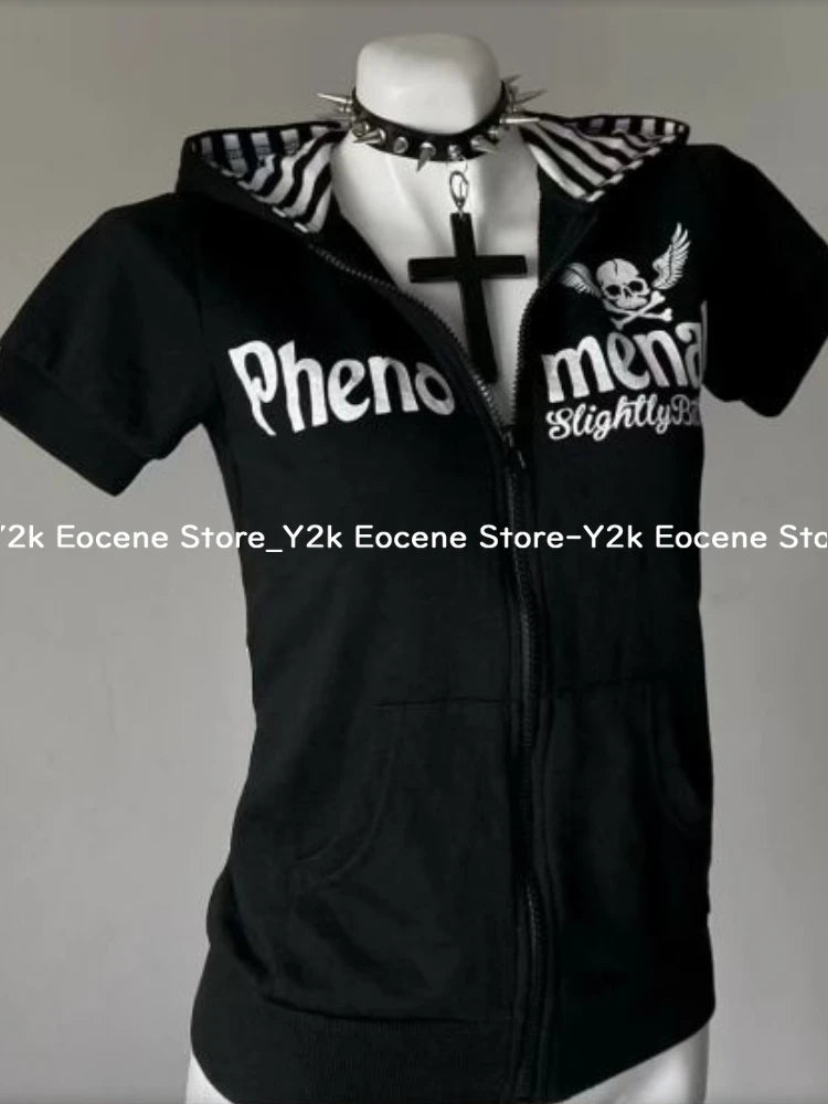 Y2K Subculture Skull Print Zip Cardigan Short Sleeve Women Japan Slim Fit Striped Hoodie Casual Tops Fashion Streetwear Clothes